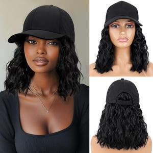 Hat Wig for Women Short Wave Baseball Cap with Curly Hair Extensions Synthetic Wave Adjustable Baseball Hat Wig (natural black#) (14 Inch)