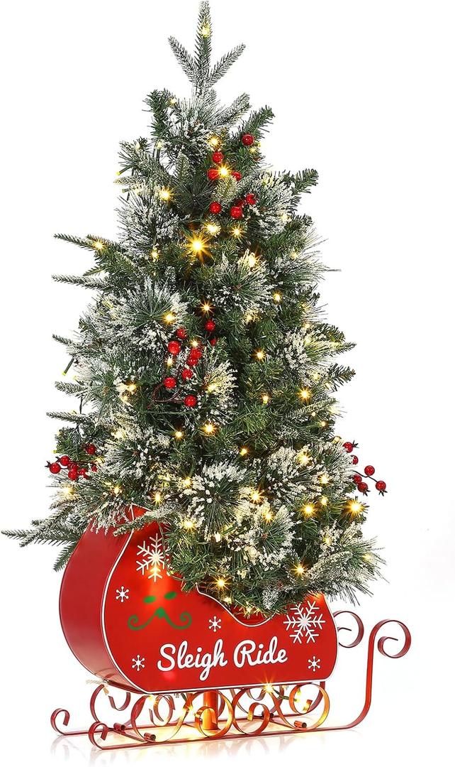 Garvee 3FT Christmas Tree, Pre-Lit Artificial Christmas Trees with Lights, Small Xmas Trees with Sleigh Base & 78 Warm White Lights, Christmas Decoration for Home, Office,1 PCS (Red)