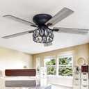 52 inch Flush Mount Black Ceiling Fans with Lights Remote Control, 5 Reversible Blade Farmhouse Low Profile Ceiling Fan with Crystal Lighting Chandelier for Bedroom Living Room (Black)