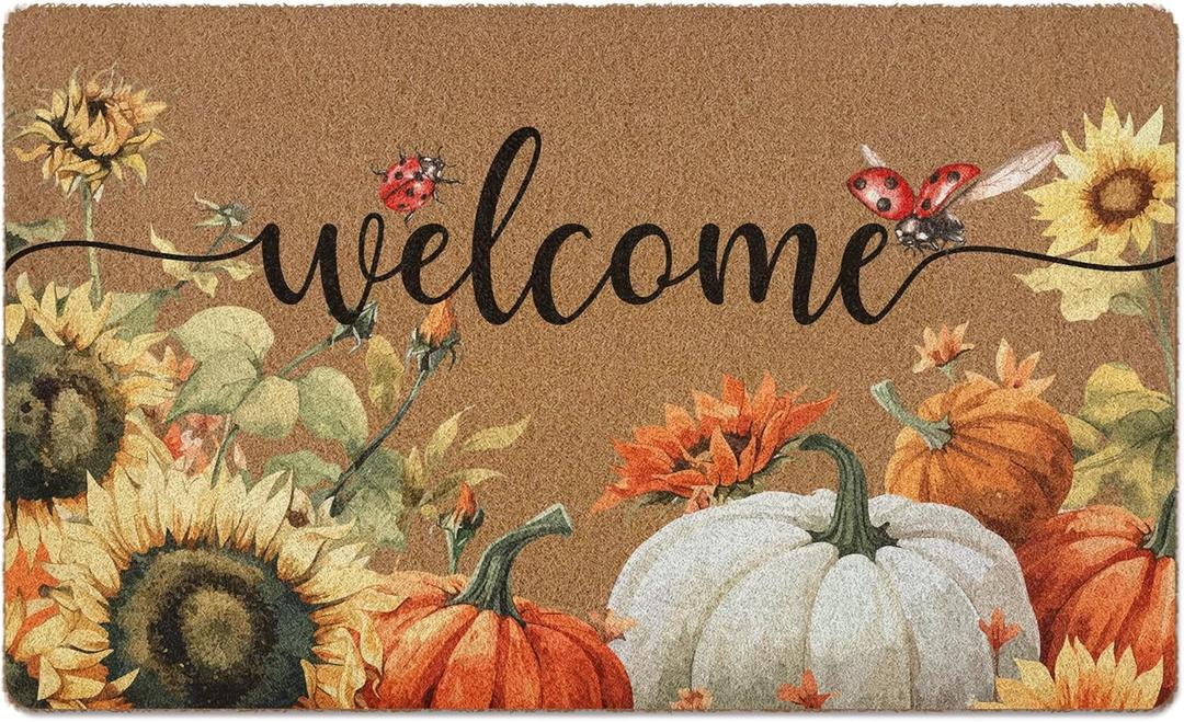 Fall Pumpkin Welcome Door Mat, Autumn Thanksgiving Welcome Front Door Mat Indoor Outdoor Entrance, Fall Pumpkin Sunflower Artificial Coir Doormats Rugs for Porch Entryway Decor 30x17in