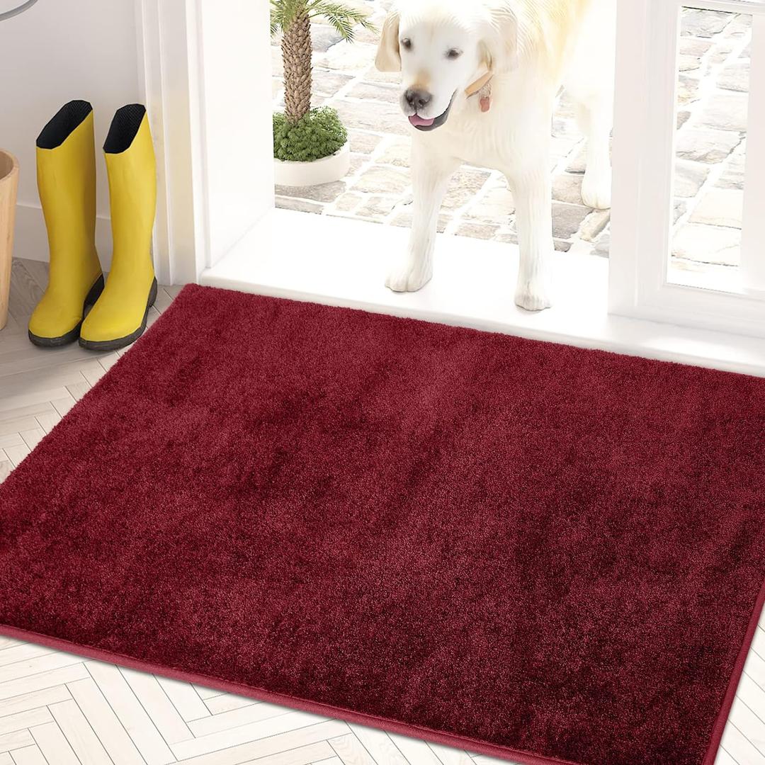 PURRUGS Dirt Trapper Door Mat 24" x 35.5", Non-Slip Machine Washable Entry Rug, Shoe Scraper, Dog Doormat, Super Absorbent Welcome Mat for Front & Back Door, Muddy Shoes & Paws, Burgundy Red