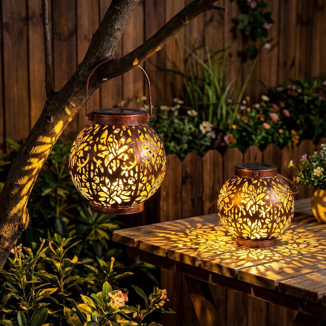 JOIEDOMI 2 Pack Outdoor Solar Hanging Lantern Lights, Waterproof Tabletop with Handle, LED Moroccan Lanterns, Metal Decorative Garden Solar Lights Spring for Patio, Lawn, Porch, Backyard