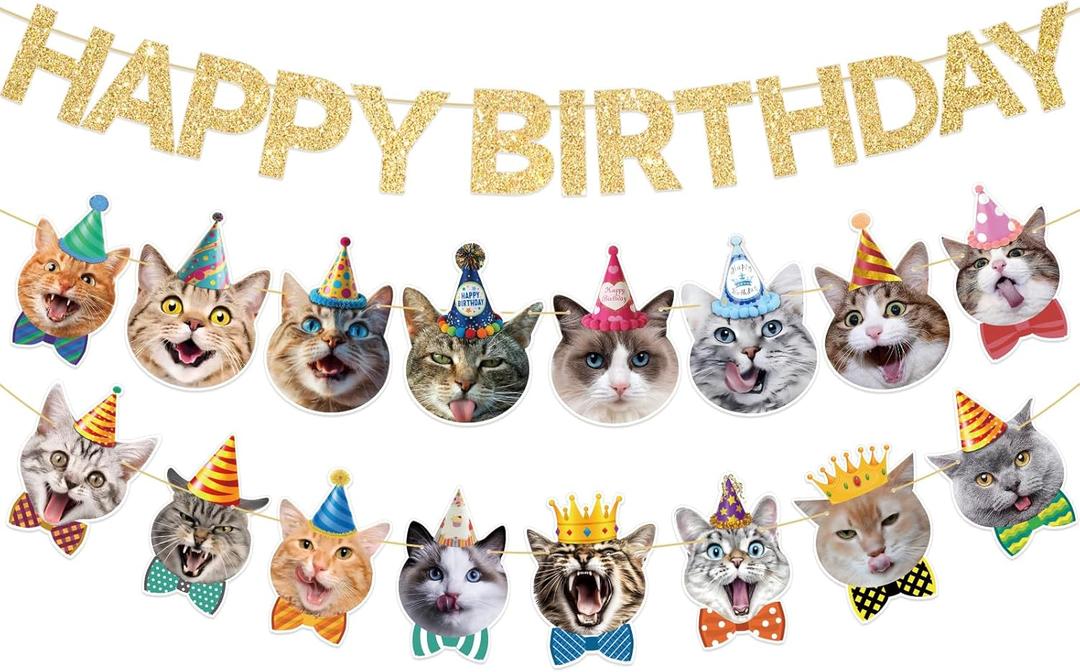 Cat Happy Birthday Banner - Cat Birthday Decorations Party Decor Supplies for Kids, Boys, Girls (Golden Cat 1)