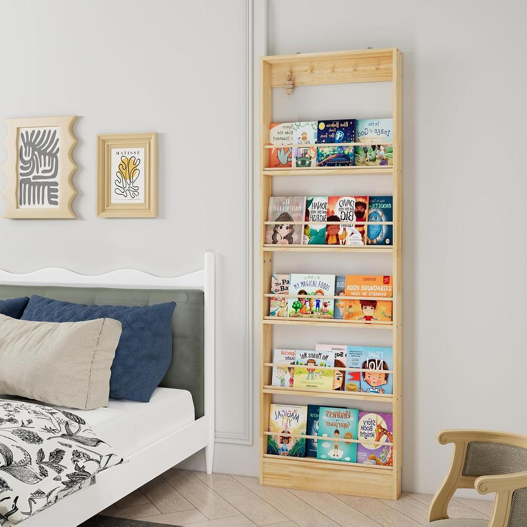 Wall Mounted Bookshelf, 5 Tier Floating Book Shelf with Hooks, Wooden Nursery Book Shelves for Wall, Space Saving Wall Organizer with Anti Tip Design for Bedroom, Living Room, Playroom