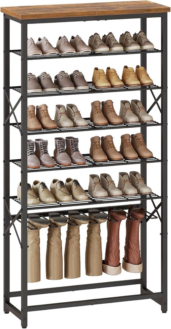 8-Tier Tall Shoe Rack for Entryway, Large Capacity Shoe Storage Organizer with Boot Storage, Freestanding Shoes Shelf Holds 27 Pairs of Shoes, Space Saving, Black and Rustic Brown SS17BR (27.8" x 10.8" x 55.5")