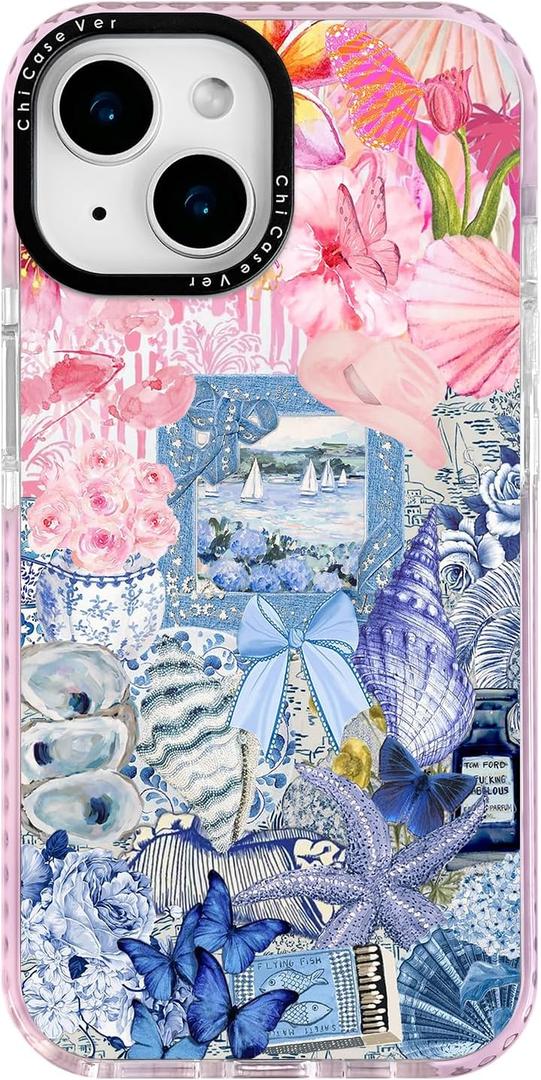 for iPhone 15 Case, Coastal Vintage Collage Pattern, Military-Grade Drop Protection, Vintage Seaside Soft Slim TPU Protective Cover with Camera Protection for Girls (PlumeriaSea)