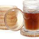 JUXYES 8 Pack Amber Tone Crystal Coasters Round Cup Mat, Glass Coasters for Drinks Coffee Tea Wine, Decorative Wine Bottle Coasters, Crystal Drink Coasters for Restaurant bar Kitchen Dining Table