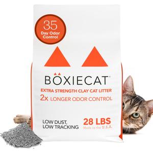 Boxie® Extra Strength 35 Day Odor Control Clumping Clay Cat & Kitty Litter 28lb, 99.9% Dust-Free, Probiotic Formula, Long-Lasting, Veterinarian Approved, Easy Scooping for Multi-Cat Homes