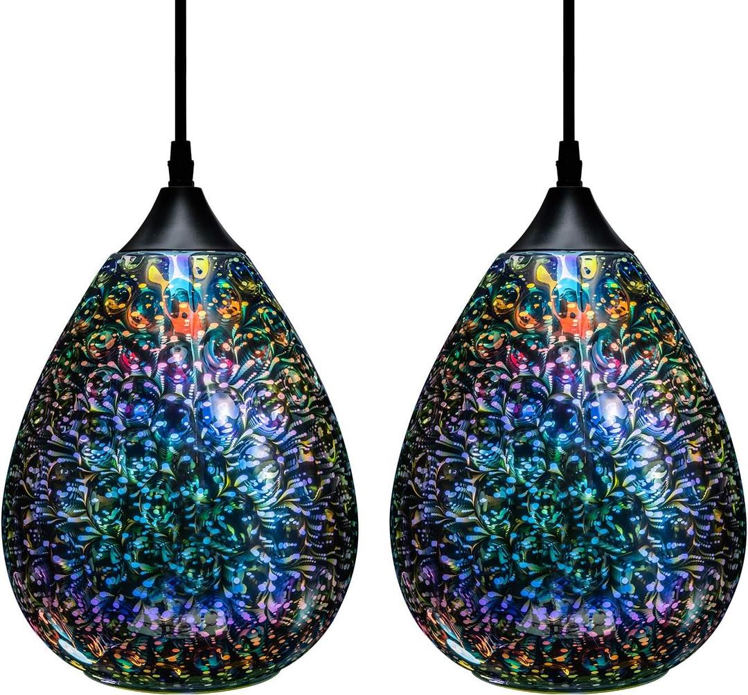 Yisuro Modern 3D Pendant Lights Kitchen Island 2 Pack, Farmhouse Colorful Glass Pendant Light with Clear Globe Shade, Kitchen Island Lighting for Dining Room Entryway, 7.8-inch Diameter