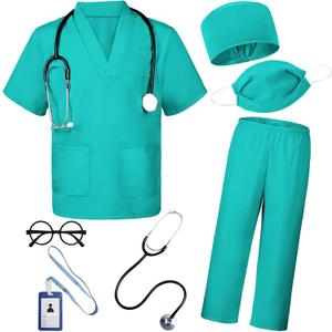 BOMLY Doctor Costume for Kids 7Pcs Toddler Nurse Scrubs Set With Halloween Dress Up Costumes for Boys and Girls Ages 3-11