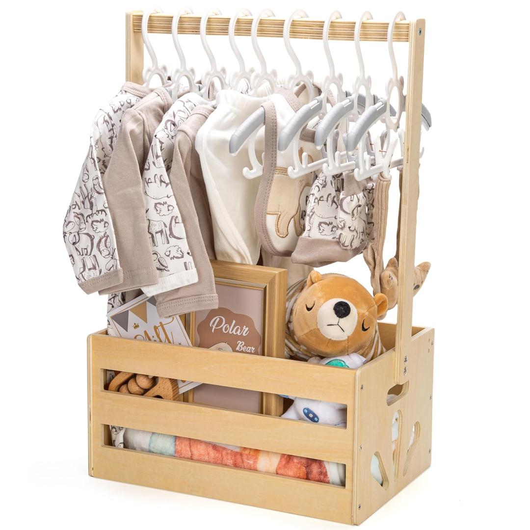 Wooden Baby Shower Crate Closet, Baby Storage Crate Hamper with Handle, Basket for Baby Shower Gifts, Welcome Gift Basket for Newborn Boys Girls, Pregnancy Gifts for New Parents (Natural)