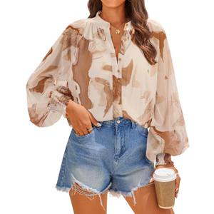 ZESICA Women's Floral Print Blouse 2025 Long Sleeve Button Down Casual Fall Boho Oversized Tops Shirts, Brown, Small