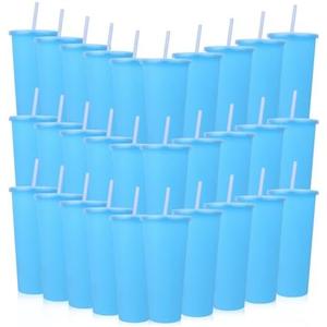 Ahongwenxi 30 Pack Blue Plastic Cups with Lids and Straws, 24 oz Disposable Plastic Tumblers Iced Coffee Cups Travel Mug Cup for Juices Birthday Bachelorette Party Wedding (Blue,24 oz)