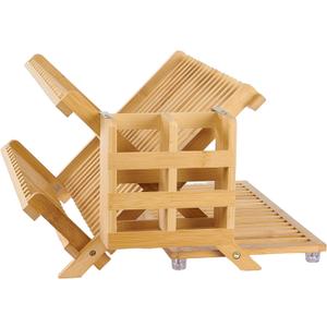 Bamboo Dish Drying Rack with Utensil Holder, Collapsible Wooden Dish Drainer Rack, 3-Tier Large Folding Drying Holder for Kitchen Counter