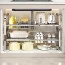 Large Under Sink Organizer 2 Tier Expandable Heavy Stainless Steel Shelf Adjustable Height for Under Kitchen Bathroom Sink Organizers and Storage (Large Size: 4 Panels 4 Storage Baskets)