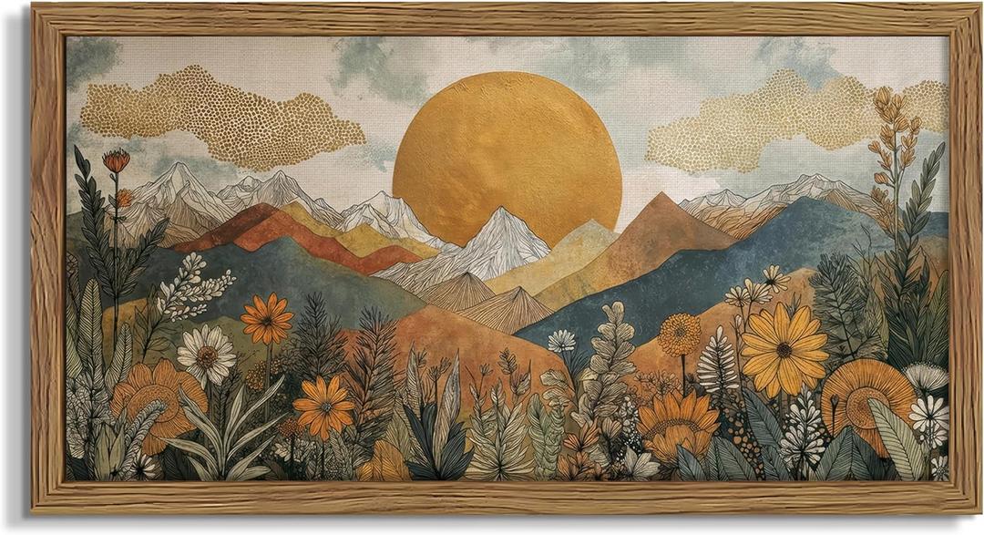 Framed Boho Landscape Large Wall Art, Abstract Sun Mountain Canvas Wall Decor Painting, Modern Floral Botanical Aesthetic Poster Print Picture for Living Room Bedroom Home Office 24x48 Inch