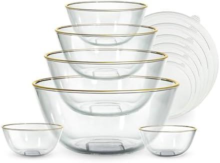 COOK WITH COLOR 12 Pc Glass Mixing Bowl Set with Lids – Borosilicate Glass Nesting Bowls for Cooking, Baking and Meal Prep, Gold Rim