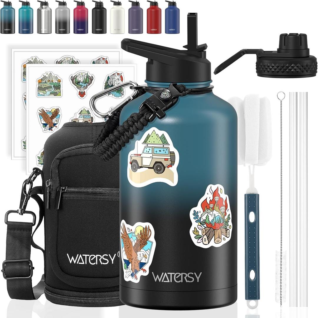 64oz Insulated Water Bottle (Cold for 48 Hrs), BPA Free&Leak Proof, Half Gallon Stainless Steel Water Flask, Water Jug with Straw Spout Lids for Gym, Hiking, Camping, Black Blue