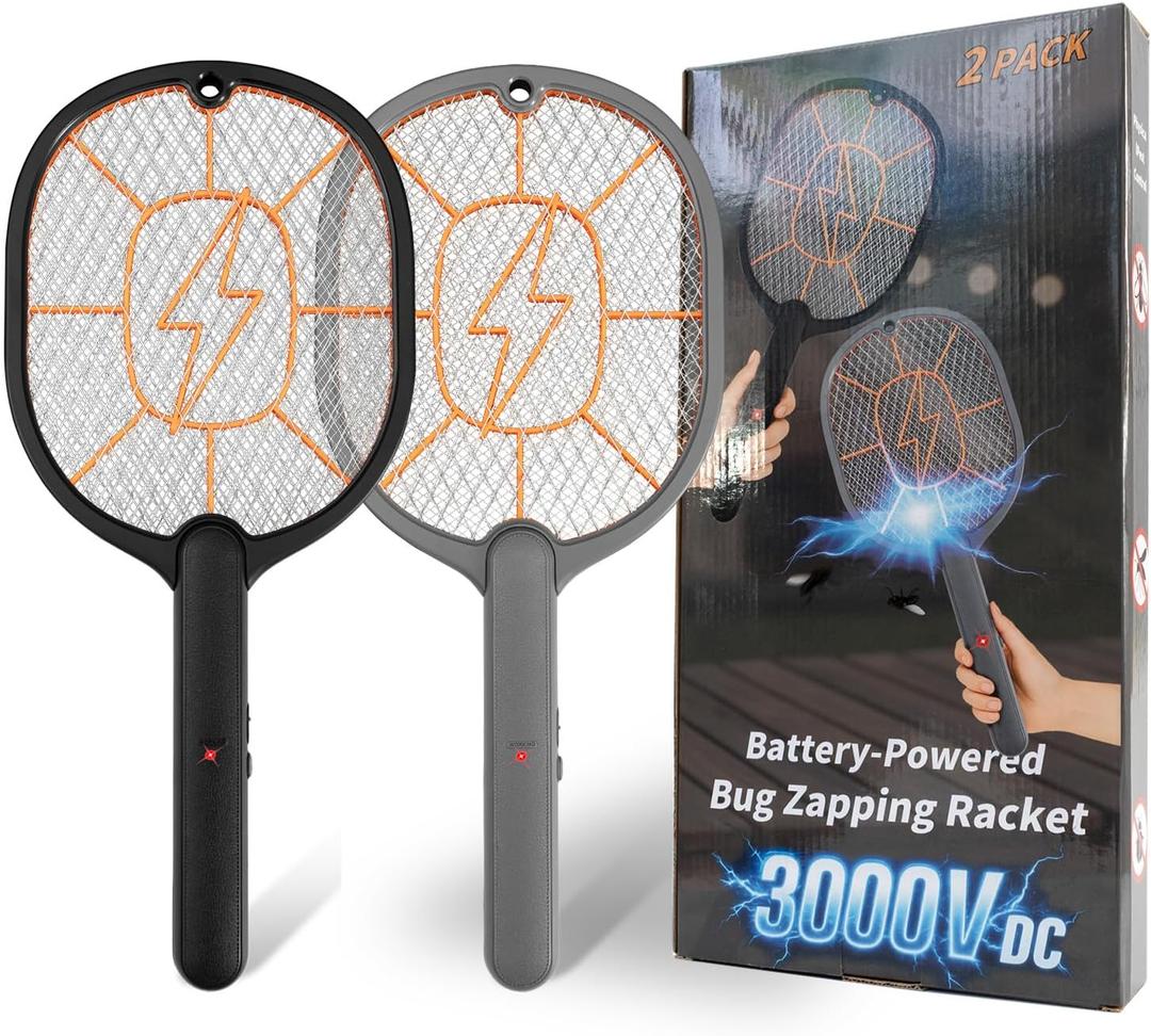2-Pack Electric Fly Swatter, Black & Gray, AA Battery Operated Bug Zapper Racket for Indoor/Outdoor Use, Mosquito & Fly Killer, Handheld Insect Catcher