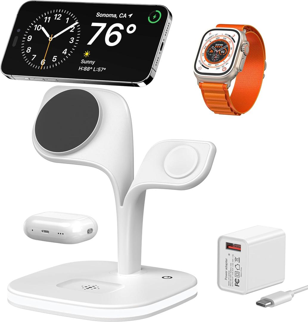 EXW for Magsafe Charger Stand,Charging Station for Multiple Devices, Wireless Charger for iPhone 16/15/14/13/12 Series,Apple Watch Series 1-9/Ultra,AirPods Pro with LED and Adapter (White)