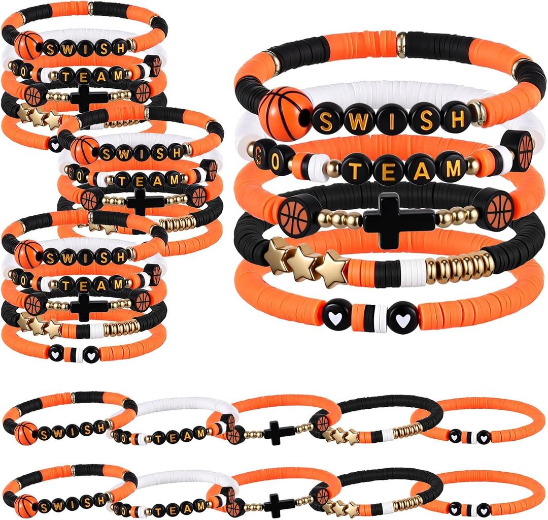 Landical 30 Pcs Basketball Bracelet Gifts Bulk Basketball Party Favors Clay Bead Wristband Team Gift for Senior Night Gifts Sport Team Lover Player Birthday Party Boy Girl Kid Teenager Club Societies