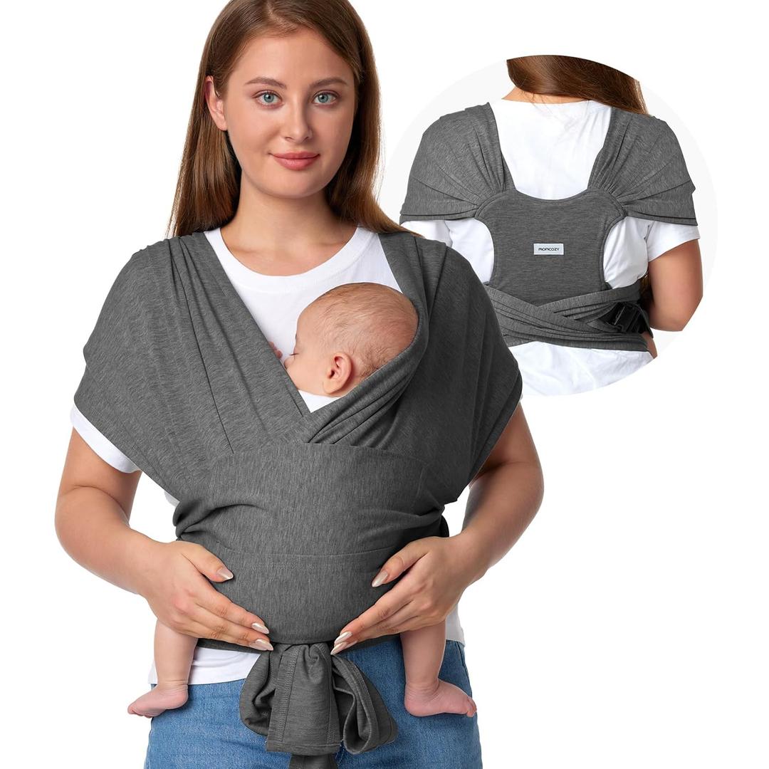 Momcozy Baby Wrap Carrier Skin-Friendly Fabric, Easy to Wear Baby Carrier Sling T-Shirt Design, Hands Free Baby Carriers Newborn to Toddler 8-35lbs, Adjustable Buckle for Waist 27-47inch, Deep Grey (Regular, Deep Grey)