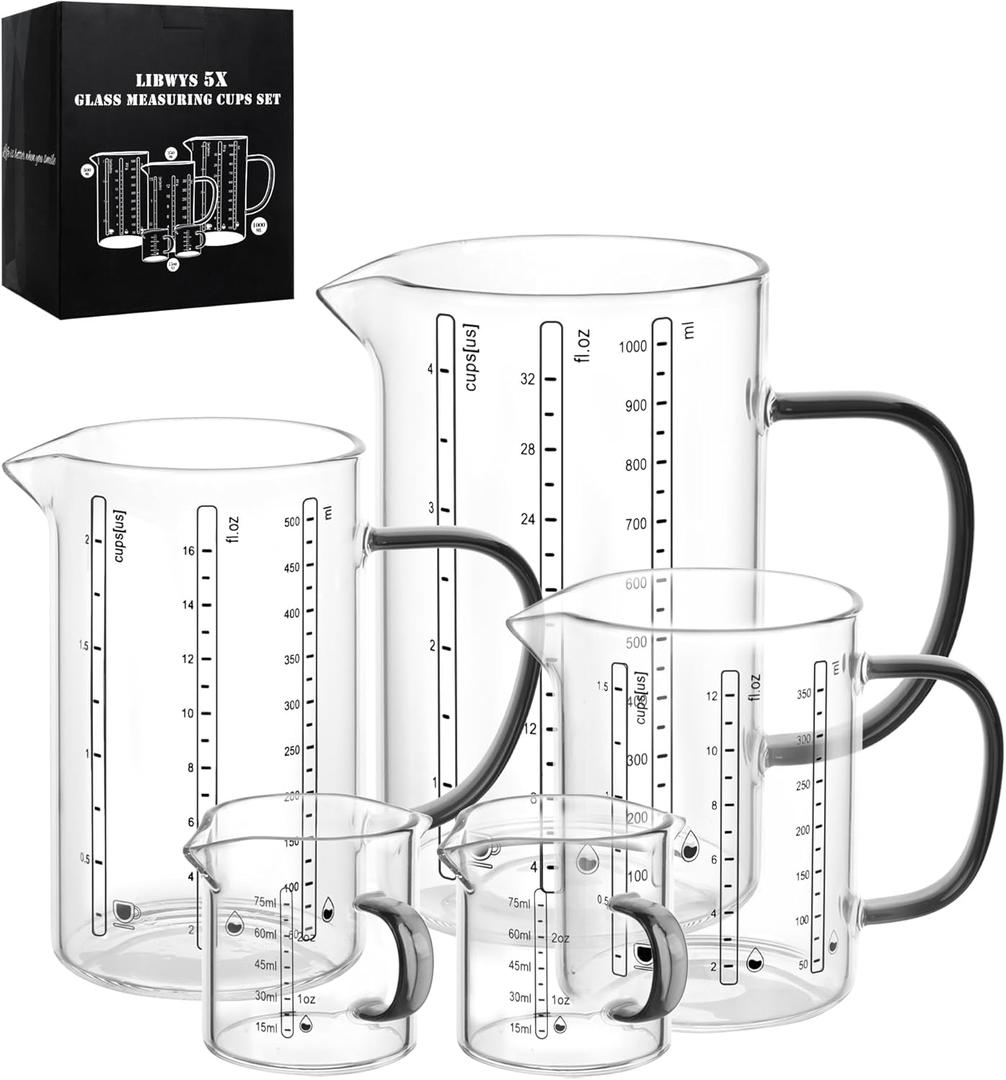 LIBWYS Glass Measuring Cup Set Of 5, 1000 Ml (32 Oz), 500 Ml (16 Oz), 350 Ml (12 Oz), 2x75 Ml (2.5 Oz) With Anti-slip Silicone Pad, Heat-Resistant Borosilicate Glass Liquid Measuring Cup