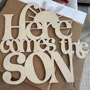 Here Comes The SON Wooden Backdrop Sign,Baby Shower Party Decor for Welcome Baby Sign Decor Boy's Birthday Wall Decorations,Gender Reveal Party Decor (12 * 12inch) 2 PACK