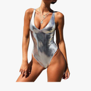 YAUASOPA Sexy Liquid Metallic Glitter One Piece Push Up Swimsuit Female Shiny Solid High Cut Beachwear (US(6-8) L, Shiny Silver