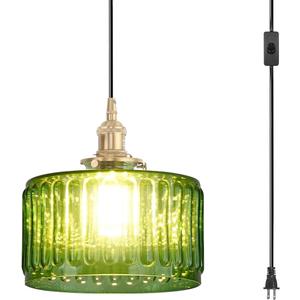 Plug in Pendant Light Green Glass Pendant Lamp Striped Glass Shade Vintage Plug in Ceiling Hanging Lamp 1-Light with Plug in Cord Swag Ceiling Light for Kitchen Island Living Room