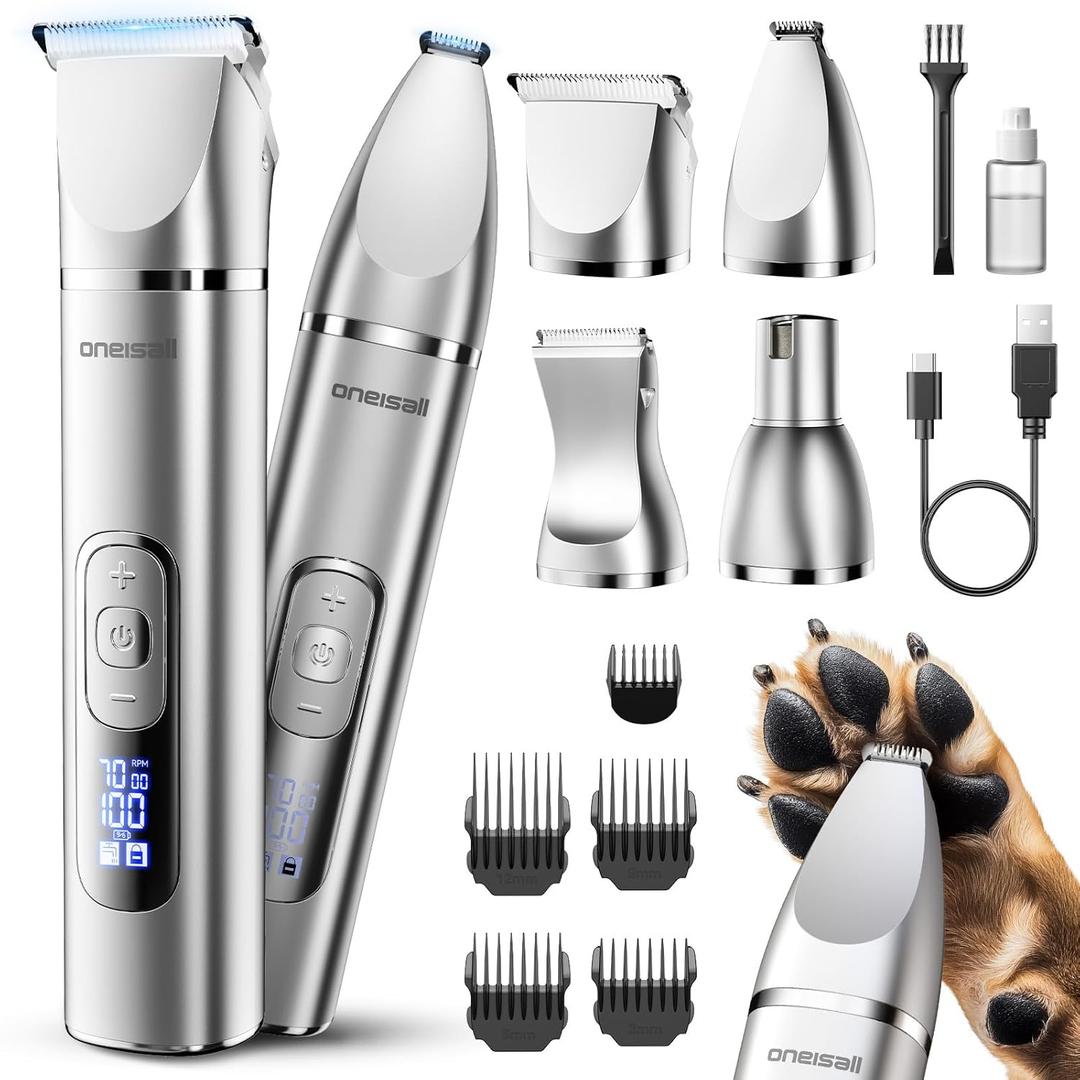 oneisall 4 in 1 Dog Grooming Kit with LCD Display, Dog Hair Trimmer for Paw Nail Grinder, Rechargeable Cordless Low Noise IPX7 Waterproof Pet Clippers (Silver)