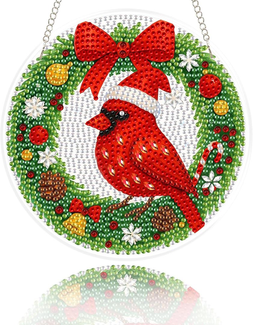 Eiflow Glass Diamond Art Hanging Kit for Adults Christmas, DIY Diamonds Painting Door Hanger Board Kit, 6x6inch Special Crystal Diamond Art Painting Pendant Ornament (Cardinal)