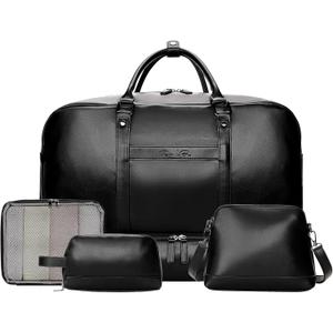 Weekender Bag for Women Men, Large Overnight Bag Faux Leather Travel Duffel Bag with Shoe Compartment Toiletry Packing Cube Carry On Bag Fit 21" Laptop 3Pcs Set (4PCS Black)
