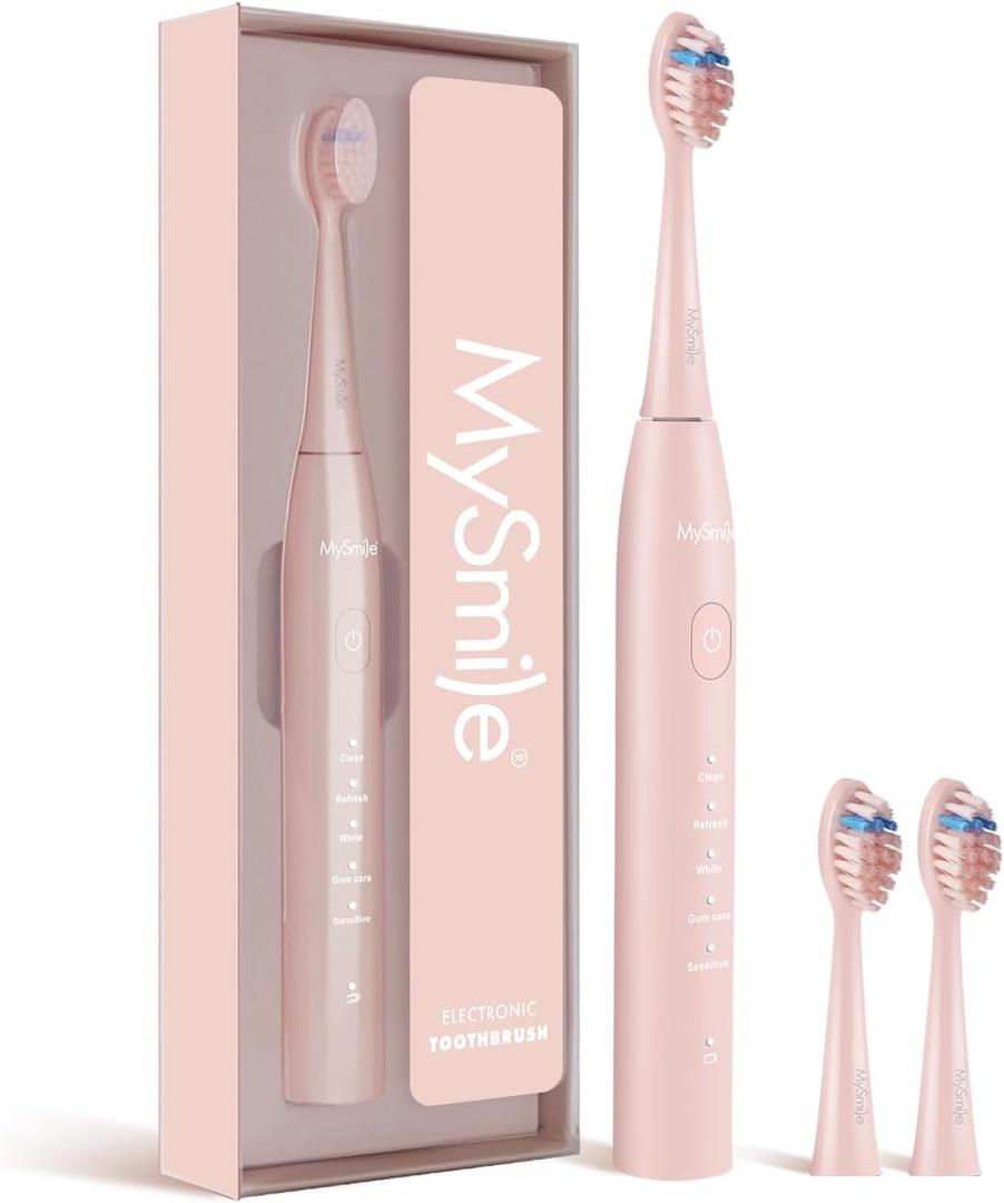 MySmile DY156 Electric Toothbrush for Adults, Rechargeable Sonic Battery Toothbrush Portable with 3 Brush Heads, 2 Mins 5 Modes Smart Timer, 45000VPM, One Charge for 60 Days - Pink