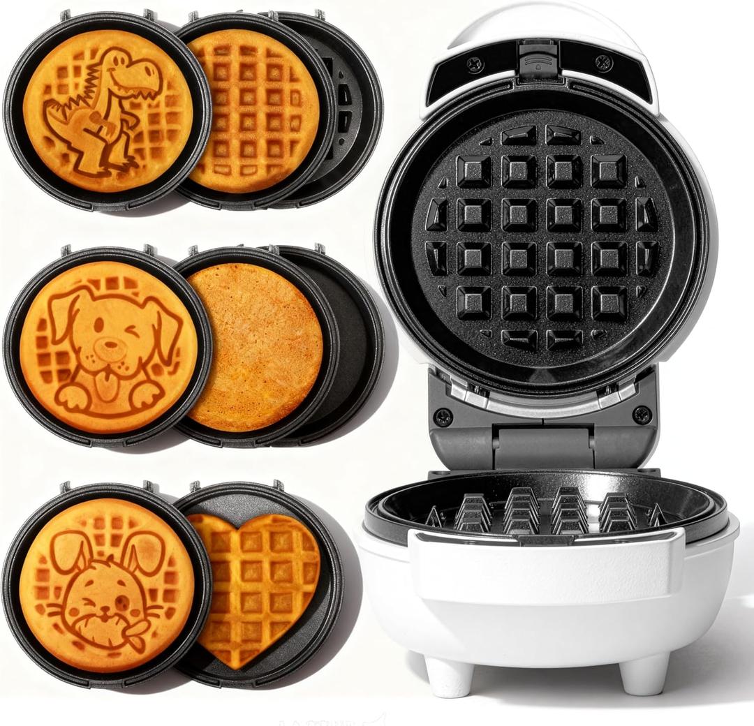 6-in-1 Mini Waffle Maker With Removable Plates, 4.5'' Mini Waffle Iron for Holidays, Parties & Events Waffle Maker Machine, 8 Plates with Premium Ceramic Coating, White