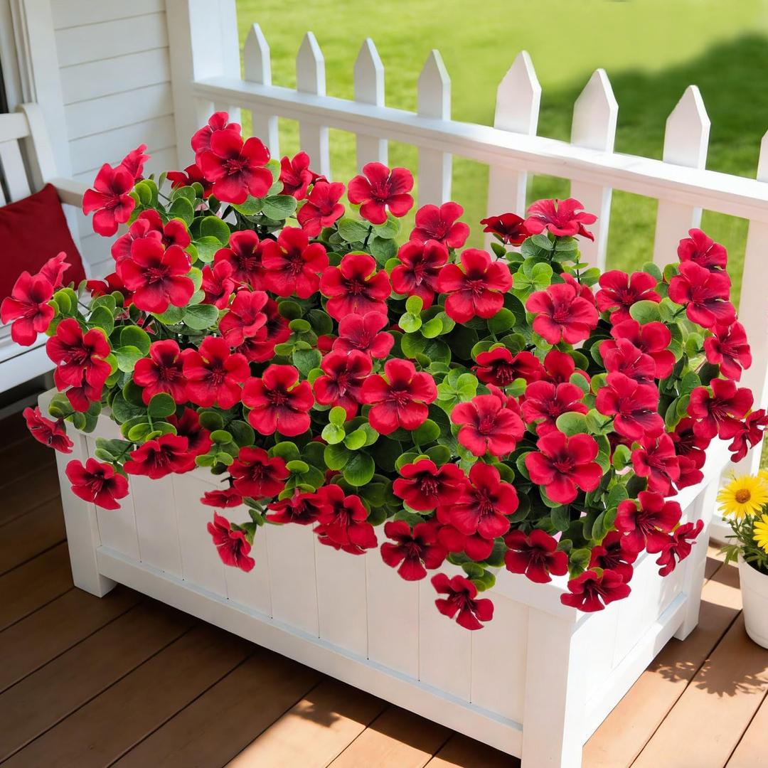 4 Bundles Large Artificial Geranium Flowers for Outdoors UV Resistant Faux Silk Flowers Realistic Fake Plants for Porch Balcony Patio Garden Home Decor (Red)