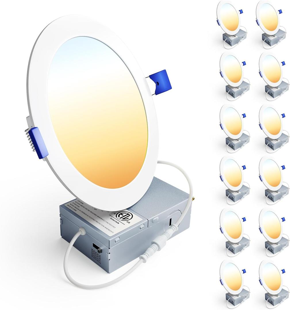 Ensenior 12 Pack 6 Inch LED Recessed Ceiling Light, Dimmable, 2700K-5000K 5CCT, 1200LM 12W 120V, High Brightness Canless Wafer Downlight - ETL&FCC&IC (5000k/4000k/3500k/3000k/2700k - 5cct White)