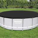 Bestway Round PVC 16 Foot Pool Cover for Above Ground Pro Frame Pools with Drain Holes and Secure Tie-Down Ropes, Black (Cover Only)