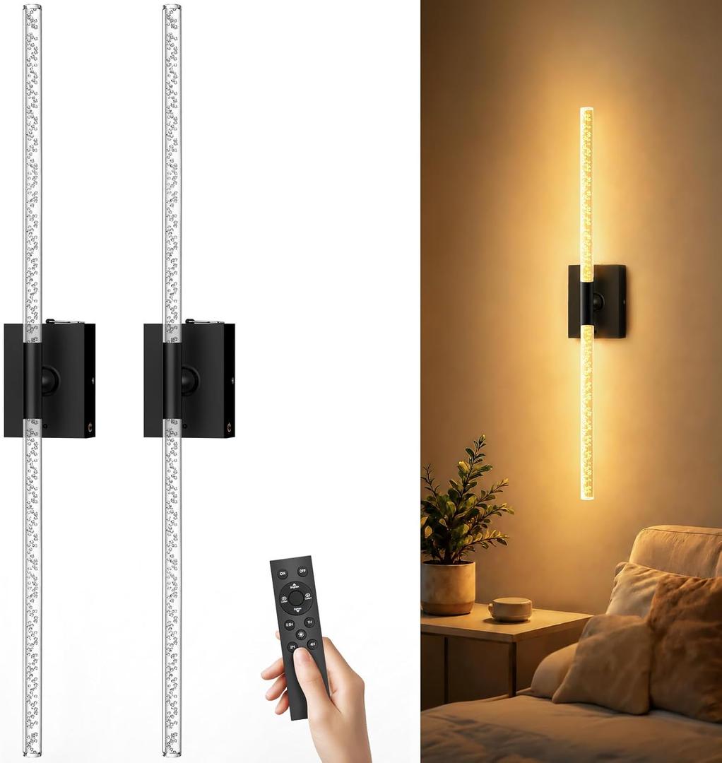 iThird Crystal Bubble Wall Sconces Set of 2: 10000mAh Rechargeable Wireless Lights with Remote & 360° Rotate, 4 Color Temps Dimmable, 31.5" Wall Lamp for Bedroom Living Room Mirror, Black