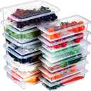 Meanplan 12 Packs Food Storage Containers for Fridge Plastic Refrigerator Organizers with Removable Drain Plate and Lid Stackable Produce Containers to Keep Fruits, Vegetables, Meat