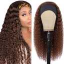 22 Inch #4 Brown Headband Wigs Human Hair Water Wave Wigs for Black Women Brazilian Virgin Hair Glue less None Lace Front Half Wig Wear and Go Chocolate Brown Headband Wigs Human Hair