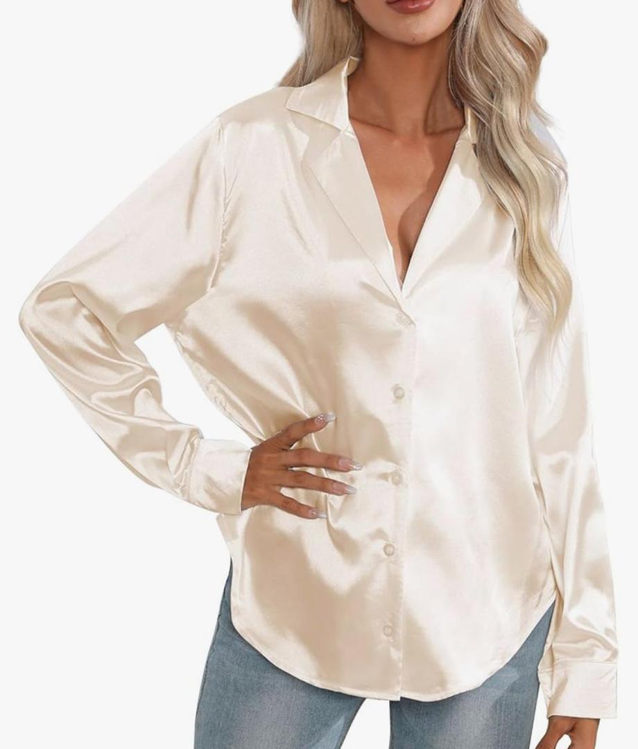 Women Satin Silk Tops Casual Long Sleeve V-Neck Button Down Shirts Ladies Business Blouse Work Office Comfortable Tunic Medium