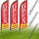 Preboun 3 Set Open Feather Flag Pole Kit 8.53 ft Now Open Flags Tall Grand Opening Advertising Banners with Poles and Ground Spikes Business Double Sided Swooper Sign for Outside House Supplies, Red