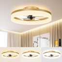 VOLISUN Low Profile Ceiling Fans with Lights and Remote, 19.7in Fandelier Ceiling Fan Flush Mount, 3000K-6500K Smart Bladeless LED Fan Light, Gold Modern Ceiling Fans with Lights for Bedroom