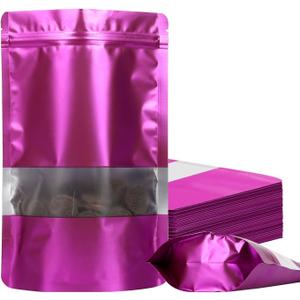 100 Pack Smell Proof Bags, Resealable Mylar Bags with Matte Window, Foil Pouch Stand-up Bags for Food Self Sealing Storage, Scratch Resistant Hand Storage Bags.(Purple, 5.57.9 Inch)