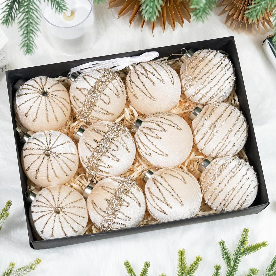 Hismir 3.15 Inch Velvet Christmas Tree Ornaments12 Pcs Christmas Balls Bulk Set with Golden Hand-Painted PatternPlastic Shatterproof Xmas Hanging Ornaments Decorations for Tree(Champagne Gold)