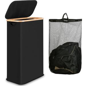 iEGrow 60L Slim Laundry Hamper, Narrow Laundry Basket with Lid,Foldable Clothes Hamper with Bamboo Handles,Hamper Basket with Removable Inner Bag for Laundry Room Bedroom College Dorm,Black