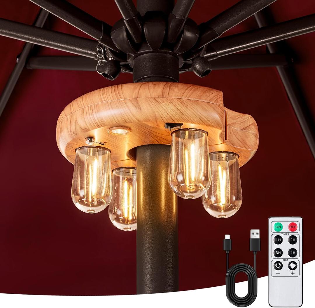 Wood Grain Patio Umbrella Light with Remote Control, Rechargeable Cordless LED Edison Bulbs Pole Light with 10 Brightness Levels for Garden, Patio, Backyard, Camping or BBQ (1 Pack)