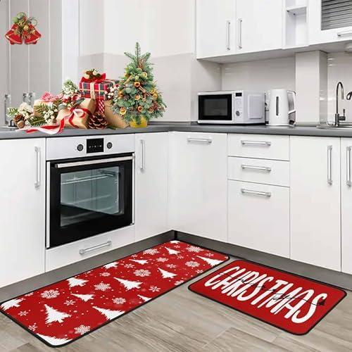 Lumiprinta Merry Christmas Snowflake Xmas Trees Red Kitchen Rugs Set of 2, Winter Home Decor Low-Profile Floor Mat Decorations for Home Kitchen 17"x47"+17"x30"