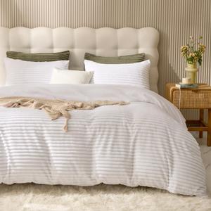 JELLYMONI Plush Duvet Cover Set - King Size Beige Striped Fluffy Comforter Cover 3pcs Bedding Set Luxury Ultra Soft Faux Fur Duvet Cover with Zipper and 2 Pillowcases (No Comforter) (King(104"90")